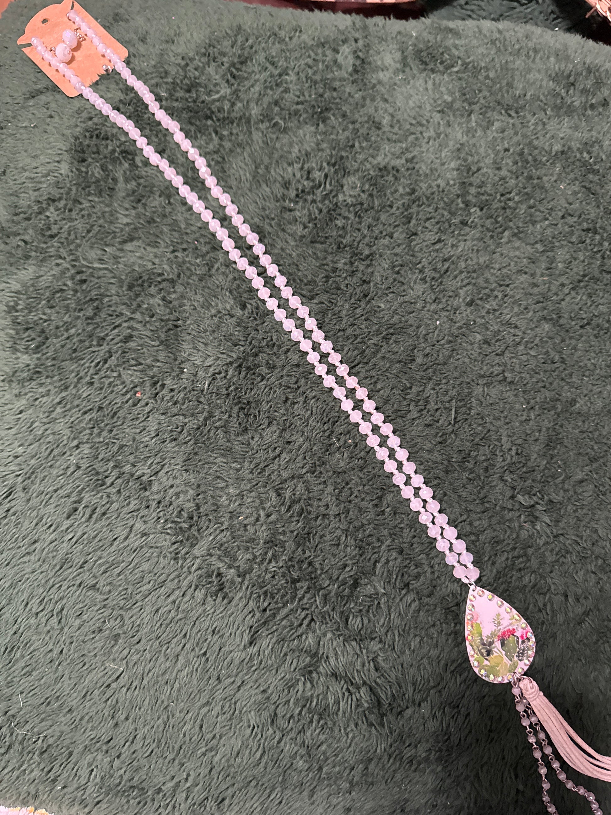 White Beaded Cactus Necklace and Earrings Set