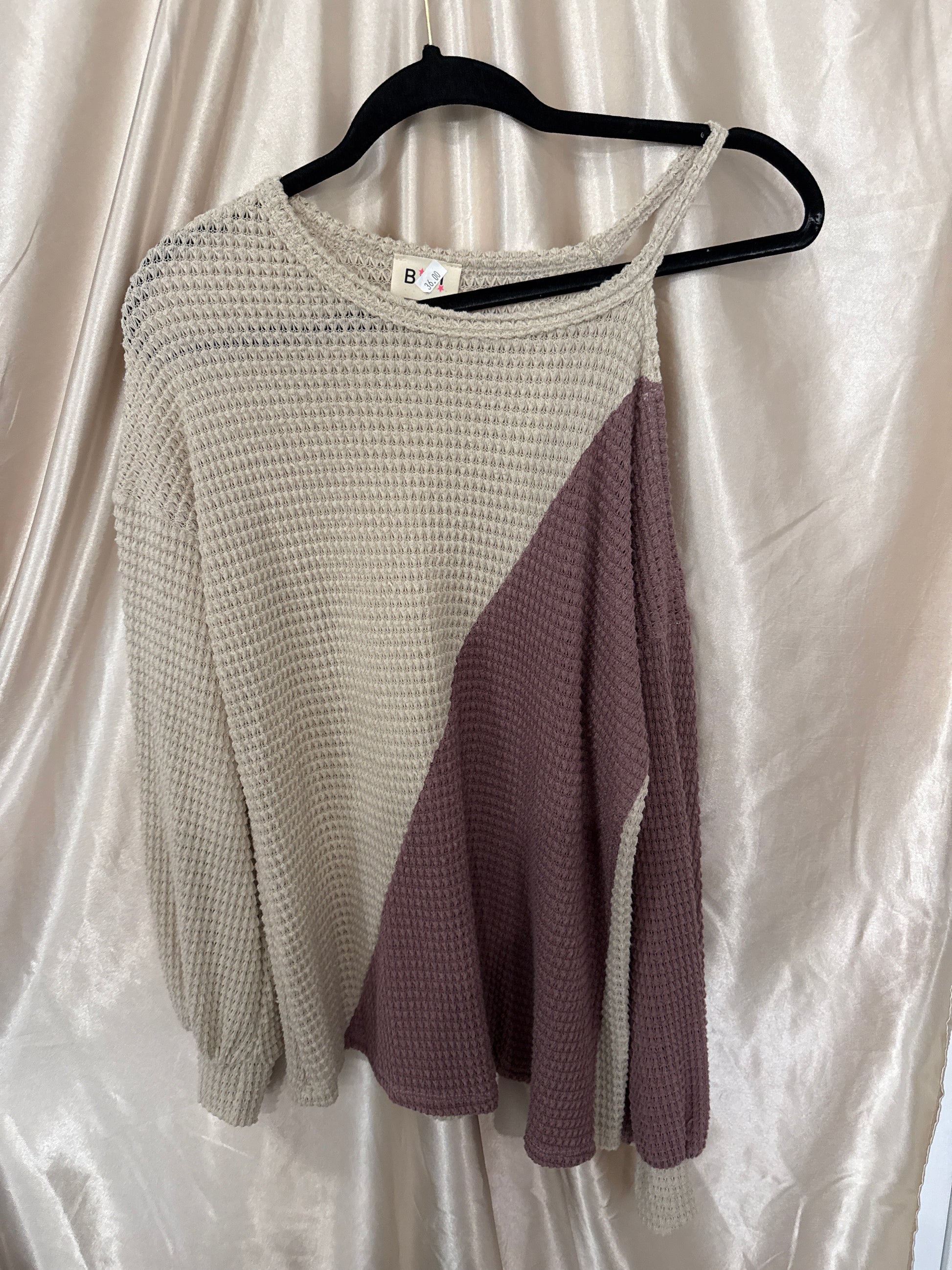 Mauve and Cream Long Sleeve Waffle Knit Top