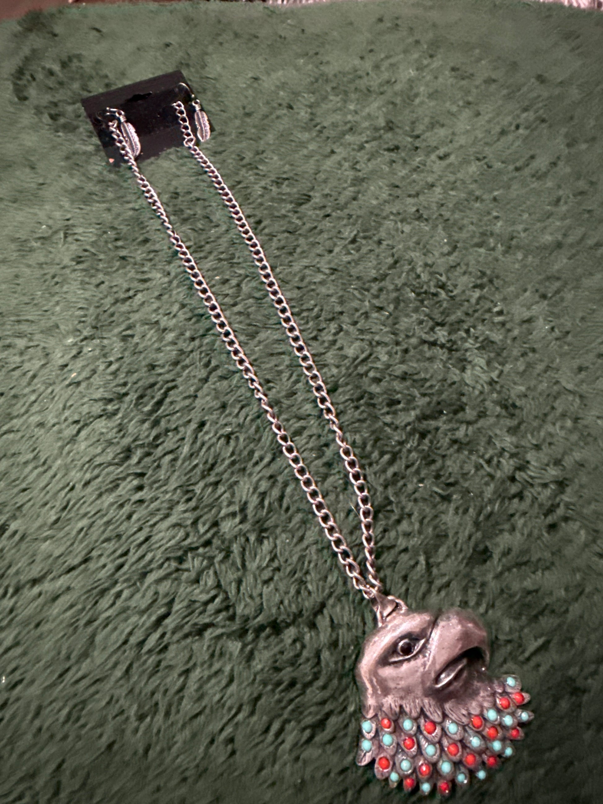 Eagle Head Necklace with Feather Earrings