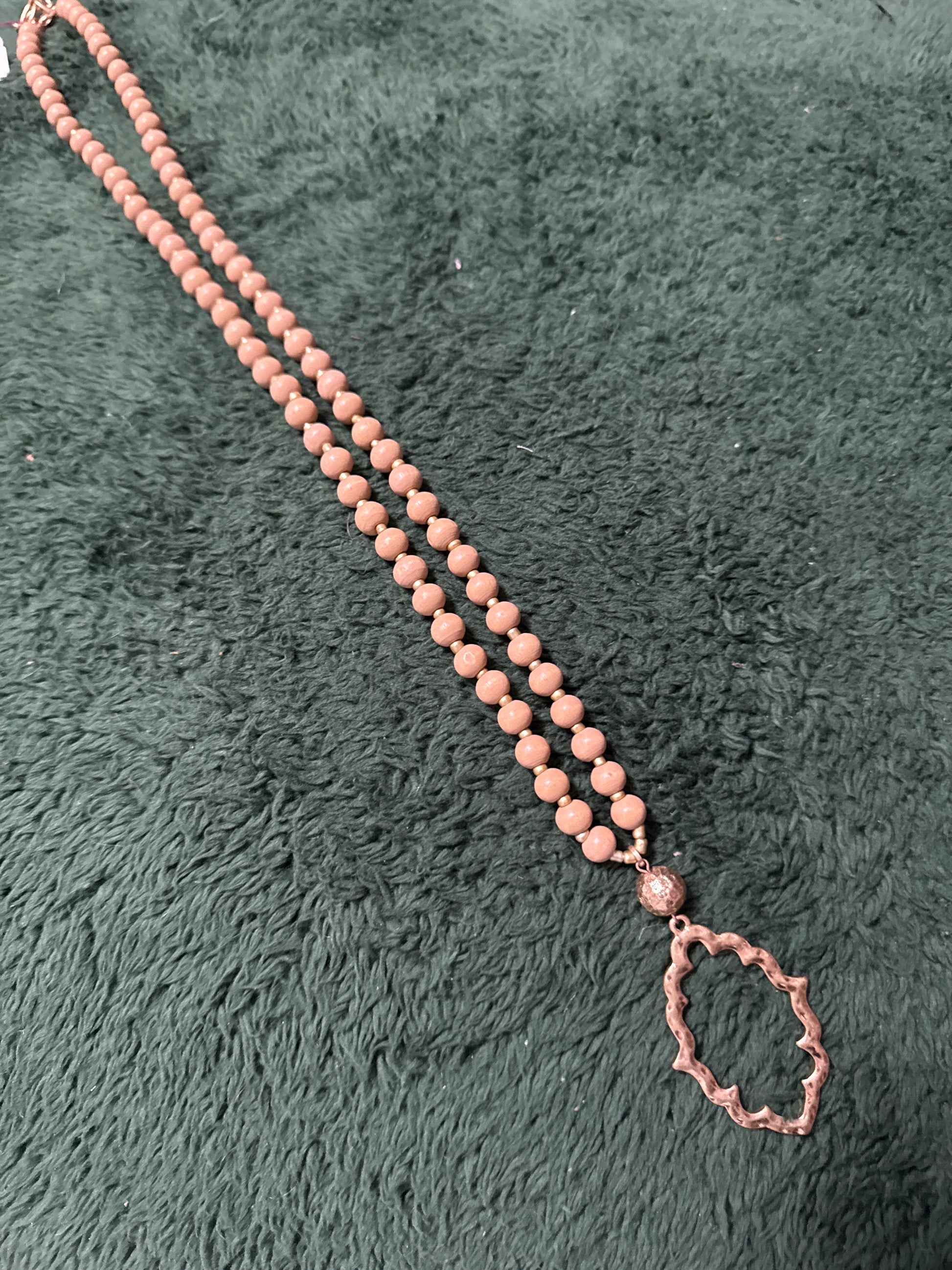 Tan Beaded and Gold Tassel Necklace