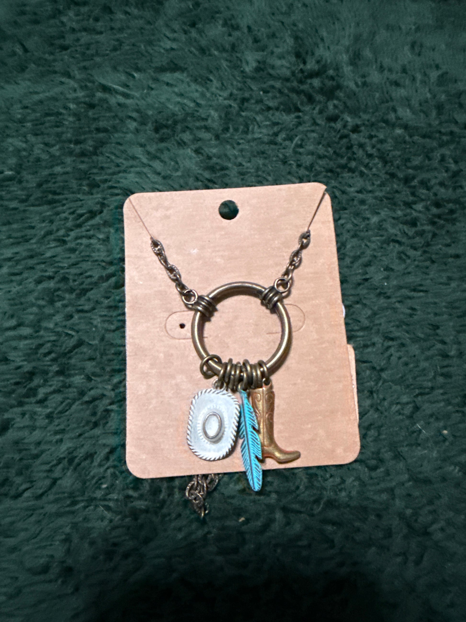 Cowboy Hat Boot and Feather Charm Necklace