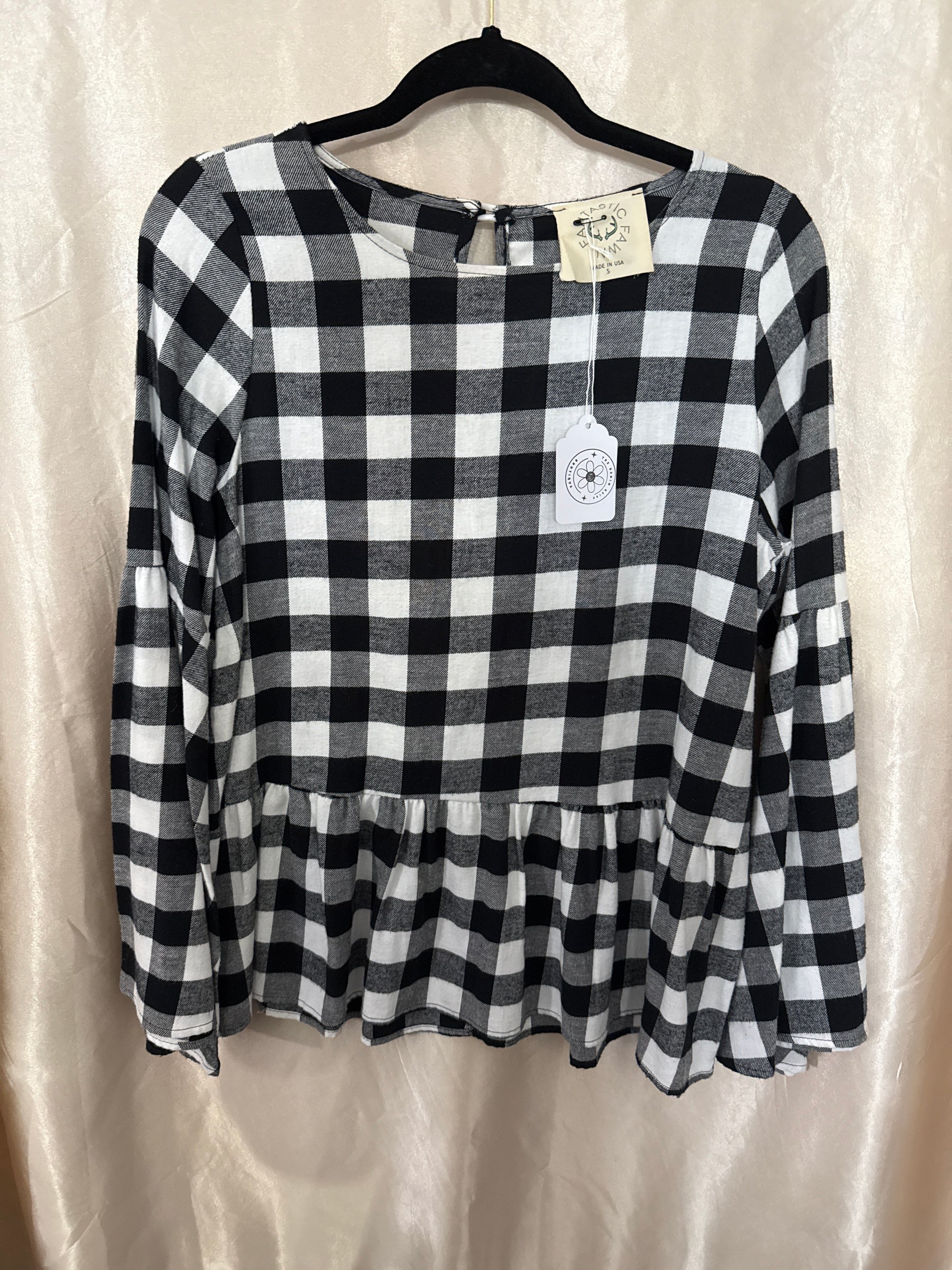 Black and White Buffalo Plaid Bell Sleeve Flannel Top